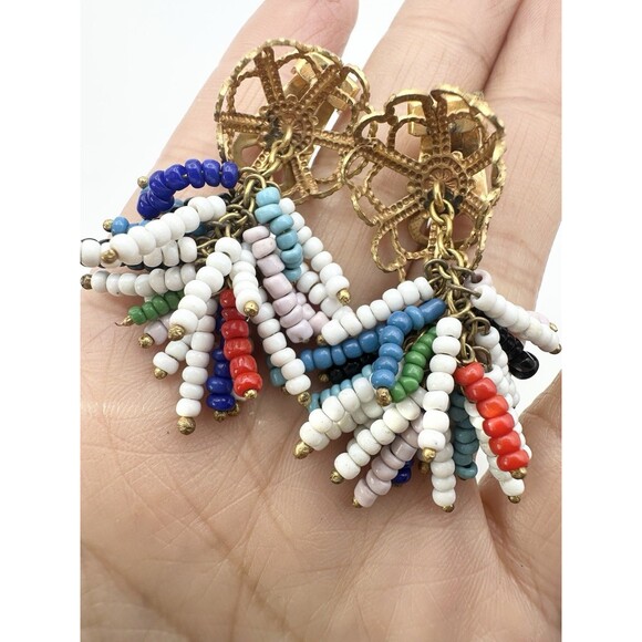 Vintage Giuliano Fratti GM Gold Tone Beaded Clip On Earrings - Picture 2 of 5